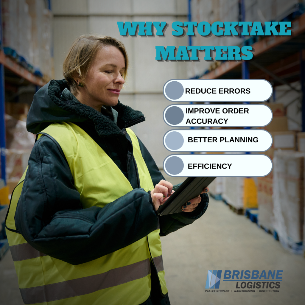 Warehouse staff performing stocktake with checklist, scanning and counting inventory across shelves in an organized warehouse