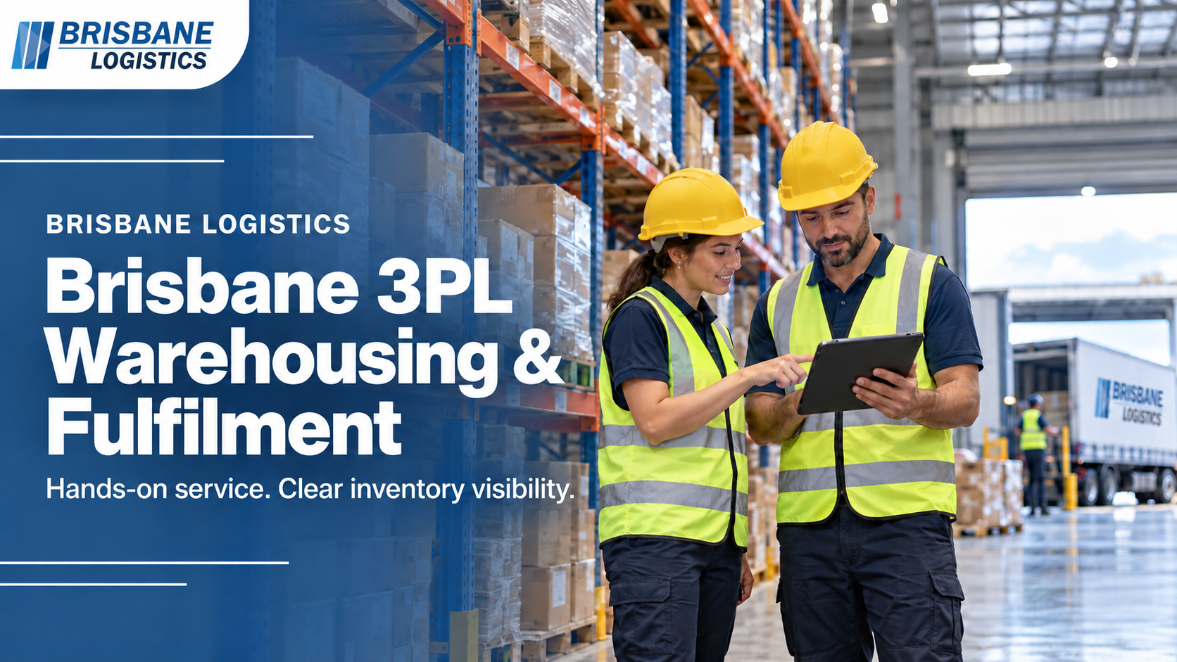 Brisbane Logistics banner showing two warehouse workers reviewing a tablet beside pallet racking, with warehousing and fulfilment text.